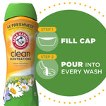 Arm & Hammer Clean Scentsations bottle with infographic showing step 1 fill cap and step 2 pour into every wash.