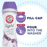 Instructional graphic showing product bottle and two steps: fill cap then pour into the washer, with icons