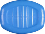 Underside view of a blue plastic bottle base with molded ribs and recycling markings visible on the bottom.