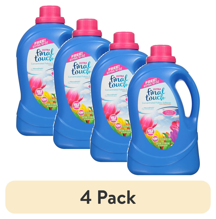 Four blue Final Touch fabric softener bottles with pink caps shown as a 4-pack on a white background.