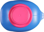 Top-down view of a blue Final Touch bottle showing a large circular pink cap and an oval bottle shoulder.