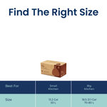 Size chart graphic titled 'Find The Right Size' with a small NineStars tall kitchen bags kraft box pictured above table comparing small and big kitchen sizes.