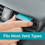 Finger adjusting a teal and gray Refresh vent air freshener clipped onto a car air vent with 'Fits Most Vent Types' banner