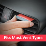 Fingers adjusting a red and gray Refresh vent stick clipped to a car air vent with a banner saying Fits Most Vent Types