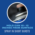 Close-up photo of a finger pressing an aerosol spray nozzle inside a circular frame with application distance instructions beneath