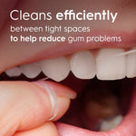 Close-up photo of fingers using a strand of dental floss between teeth with overlay text about cleaning tight spaces