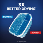 Blue infographic showing a wet container labeled 'Before' and a dry clear container labeled 'After' with '3X better drying'