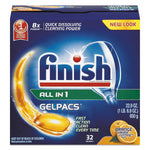 Finish All in 1 Gelpacs blue retail box front with branding, orange gelpac illustration and orange scent badge