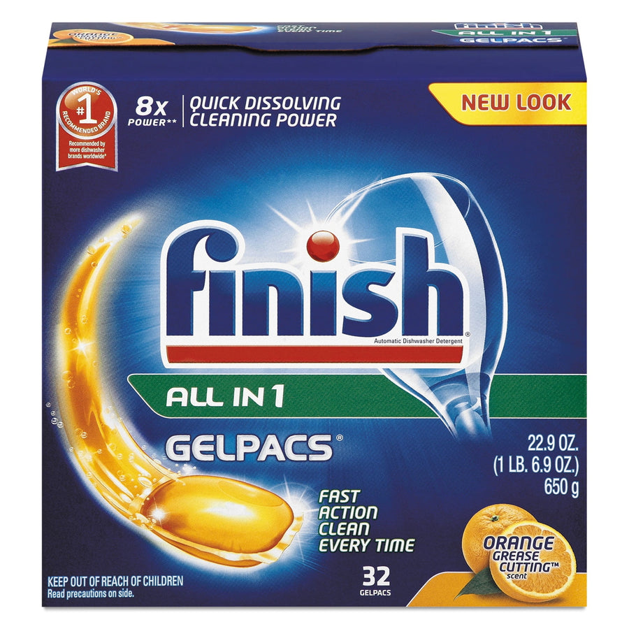 Finish All in 1 Gelpacs blue retail box front with branding, orange gelpac illustration and orange scent badge