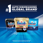 Promotional image with three Finish packaging variants and slogan ‘#1 Auto Dishwashing Global Brand’ on a blue background.