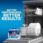 Open dishwasher mockup with a Finish cleaner tub in foreground and 'Better Performance, Better Results' text