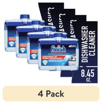 Four translucent blue Finish dishwasher deep cleaner tubs arranged with product label and 4 Pack caption