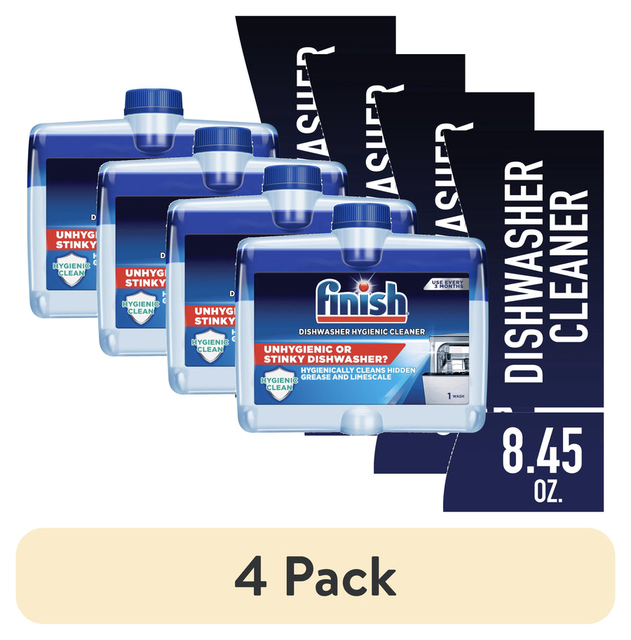 Four translucent blue Finish dishwasher deep cleaner tubs arranged with product label and 4 Pack caption