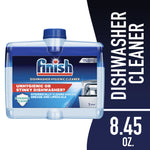 Finish dishwasher hygienic cleaner bottle front view with product label and vertical 'dishwasher cleaner' banner showing 8.45 oz.