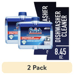 Two Finish dishwasher hygienic cleaner bottles displayed with a navy banner showing 'dishwasher cleaner' and '8.45 oz.'