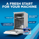 Dishwasher with open door and Finish cleaner tub at the base with benefits listed around the appliance