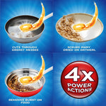 Four-panel blue infographic showing an orange gelpac cleaning greasy pan, oatmeal and burnt-on food plus a 4x power actions badge