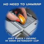 Close-up photo of a hand placing an orange Finish gelpac into a dishwasher detergent cup with instructional text
