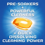 Graphic panel with a single orange Finish gelpac illustration and text touting quick-dissolving cleaning power on blue background