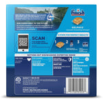Back of Finish Gelpacs box showing product information, QR code, three-step icons and barcode on blue background