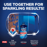 Promotional graphic showing a baking dish split between rusty residue and clean side with Finish Jet‑Dry bottle and product benefit text.
