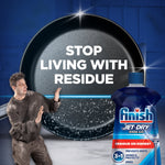 Finish Jet‑Dry rinse aid bottle beside a sparkling pan and text reading Stop Living With Residue