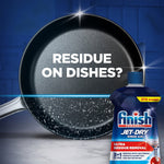 Promotional image showing a sparkling frying pan with text 'Residue on dishes?' and a Finish Jet‑Dry bottle at the corner