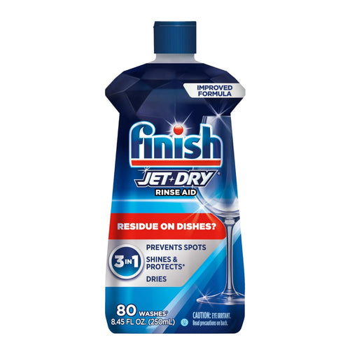 Bottle of Finish Jet‑Dry rinse aid with blue label and glass icon, front product packaging on white background.