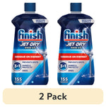 Two Finish Jet‑Dry rinse aid bottles side by side with blue caps and 3‑in‑1 branding