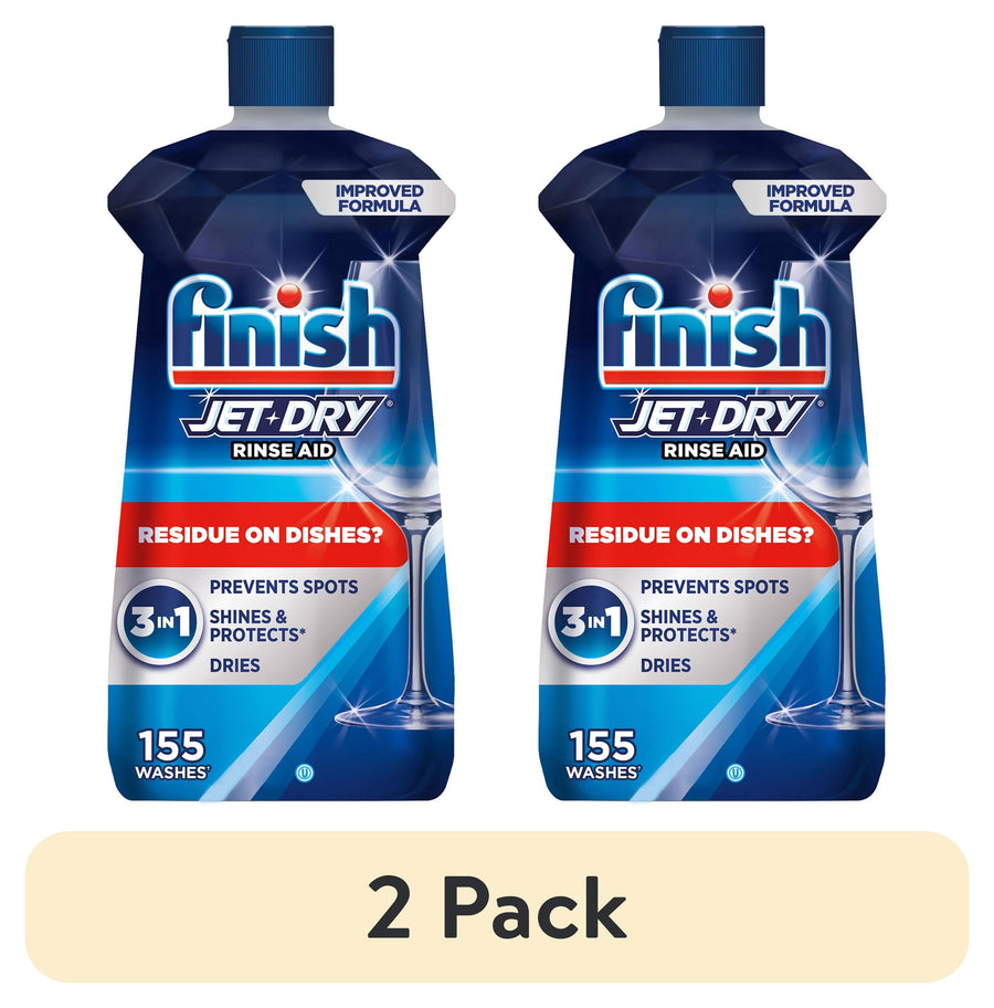 Two Finish Jet‑Dry rinse aid bottles side by side with blue caps and 3‑in‑1 branding
