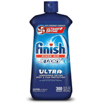 Front-facing Finish Jet‑Dry Ultra rinse aid bottle with blue label and cap on a white background