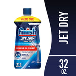 Finish Jet‑Dry rinse aid bottle with value size label and 32 oz graphic on dark blue background