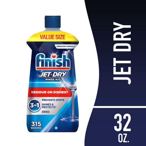 Finish Jet‑Dry rinse aid bottle with value size label and 32 oz graphic on dark blue background