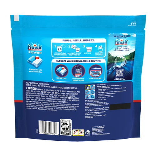 Back of a Finish Power resealable pouch showing usage icons, safety warnings, barcode and refill/reuse instructions.