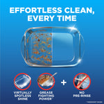 Split clean baking dish visual with 'Effortless clean, every time' headline and icons for spotless shine and no pre-rinse