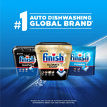 Promotional image with three Finish products arranged under the header '#1 Auto Dishwashing Global Brand' on a blue background.