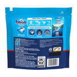 Back of Finish Power resealable pouch showing usage icons, ingredient panel, barcode and recycling symbols