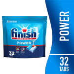 Finish Power resealable pouch front showing logo, powerball tab illustration and '32 tabs' callout