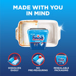 Finish Power tub centered in front of a baking dish split dirty and clean with three circular icons highlighting dissolving, no pre-measuring and resealable pack.