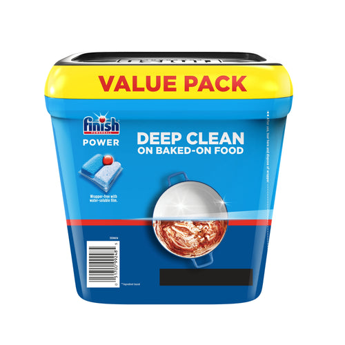 Rear view of a blue Finish Power value pack tub showing 'DEEP CLEAN ON BAKED-ON FOOD' text, barcode and circular food image.