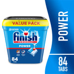 Blue Finish Power plastic tub with yellow 'VALUE PACK' lid, product logo and '84 tabs' label on a white and blue background.
