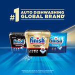 Product lineup graphic featuring three Finish packages including the gold Ultimate Quantum tub with '#1 Auto Dishwashing Global Brand' headline