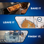 Triptych lifestyle graphics: casserole being baked, stained dish left to sit, then loaded into dishwasher with 'Bake it, Leave it, Finish it' text