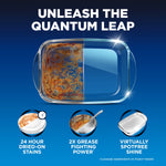 Split dishwasher pan showing stained left side and spotless right side with benefits and headline ‘Unleash the Quantum Leap’.
