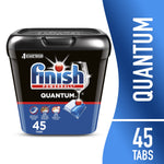 Finish Quantum black resealable tub with blue label showing a detergent pod and '45 tabs' callout