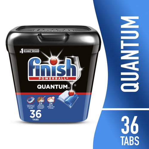 Black Finish Quantum resealable tub with Powerball logo and 36 tabs callout on blue gradient background.