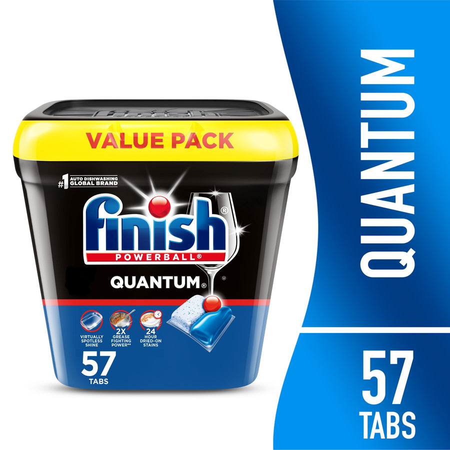 Finish Quantum black resealable tub with value pack banner and 57 tabs label on blue background