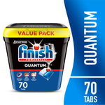 Finish Quantum black resealable tub with yellow value-pack lid and blue branding showing one detergent pod