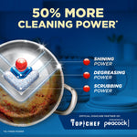 Close-up pot with a Finish Quantum pod icon overlaid and callouts for shining, degreasing and scrubbing power