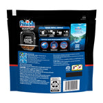 Back of a Finish Quantum resealable pouch showing usage instructions, product icons, barcode and caution text